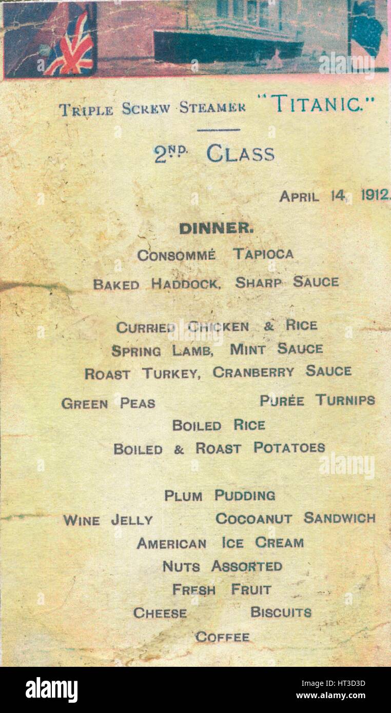 Titanic 2nd Class Dinner Menu, 1912. Artist Unknown Stock Photo Alamy