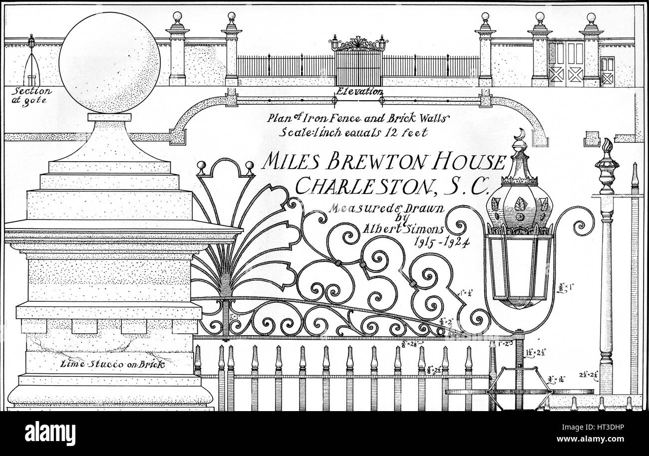 Plan of iron fence and brick walls, Miles Brewton House, Charleston, South Carolina, 1926. Artist: Albert Simons. Stock Photo