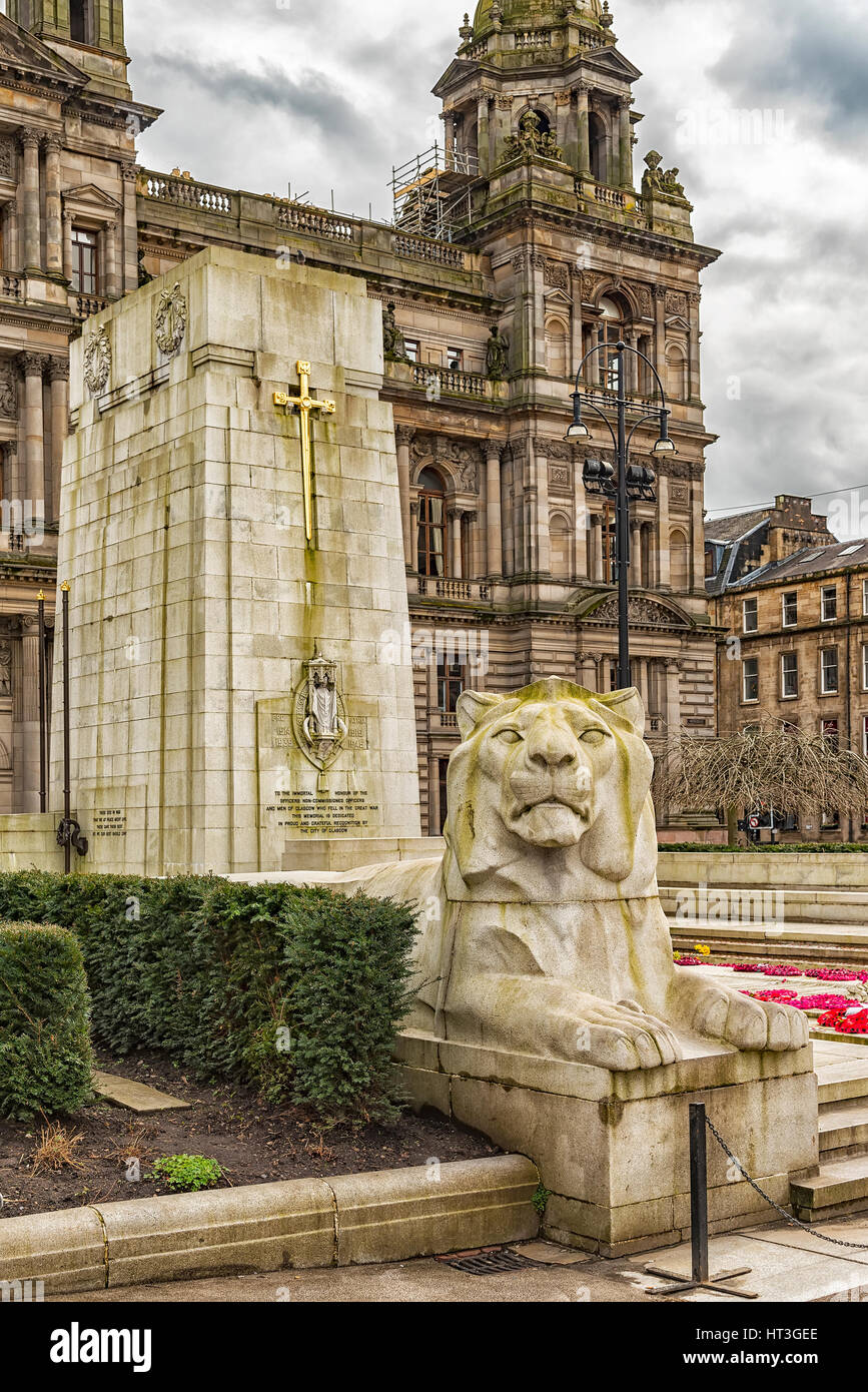 The Cenotaph war memorial in front of the City Chambers in George Square, Glasgow, Scotland Stock Photo