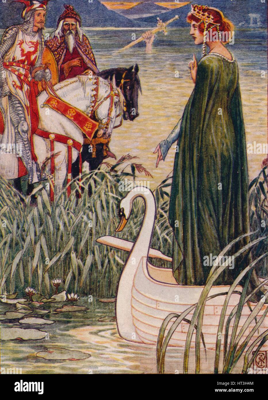 'King Arthur asks the Lady of the Lake for the sword Excalibur', 1911.  Artist: Walter Crane. Stock Photo