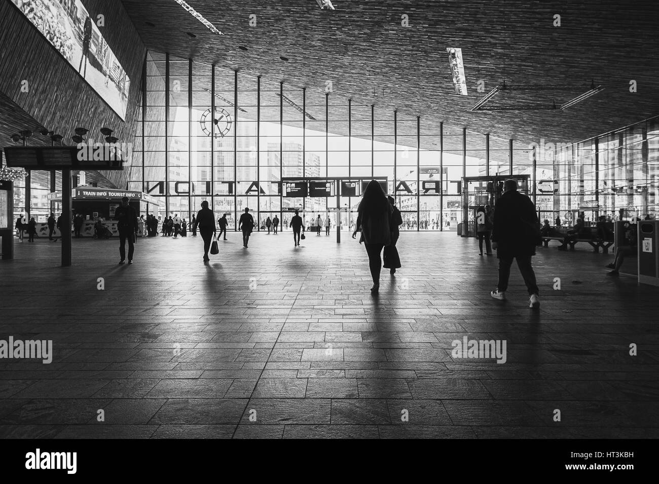 Rotterdam, Netherlands – May 26, 2016: Picture of the hall with travelers in the Central Station Rotterdam. Stock Photo