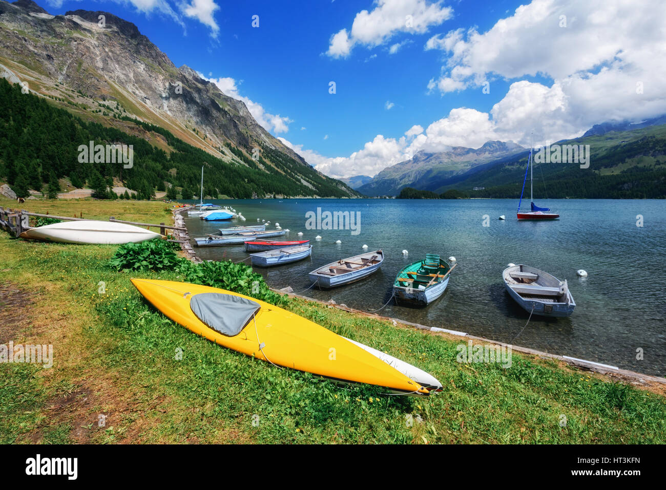 Amazing sunny day at Champferersee lake in the Swiss Alps. Silvaplana village, Switzerland, Europe. Stock Photo