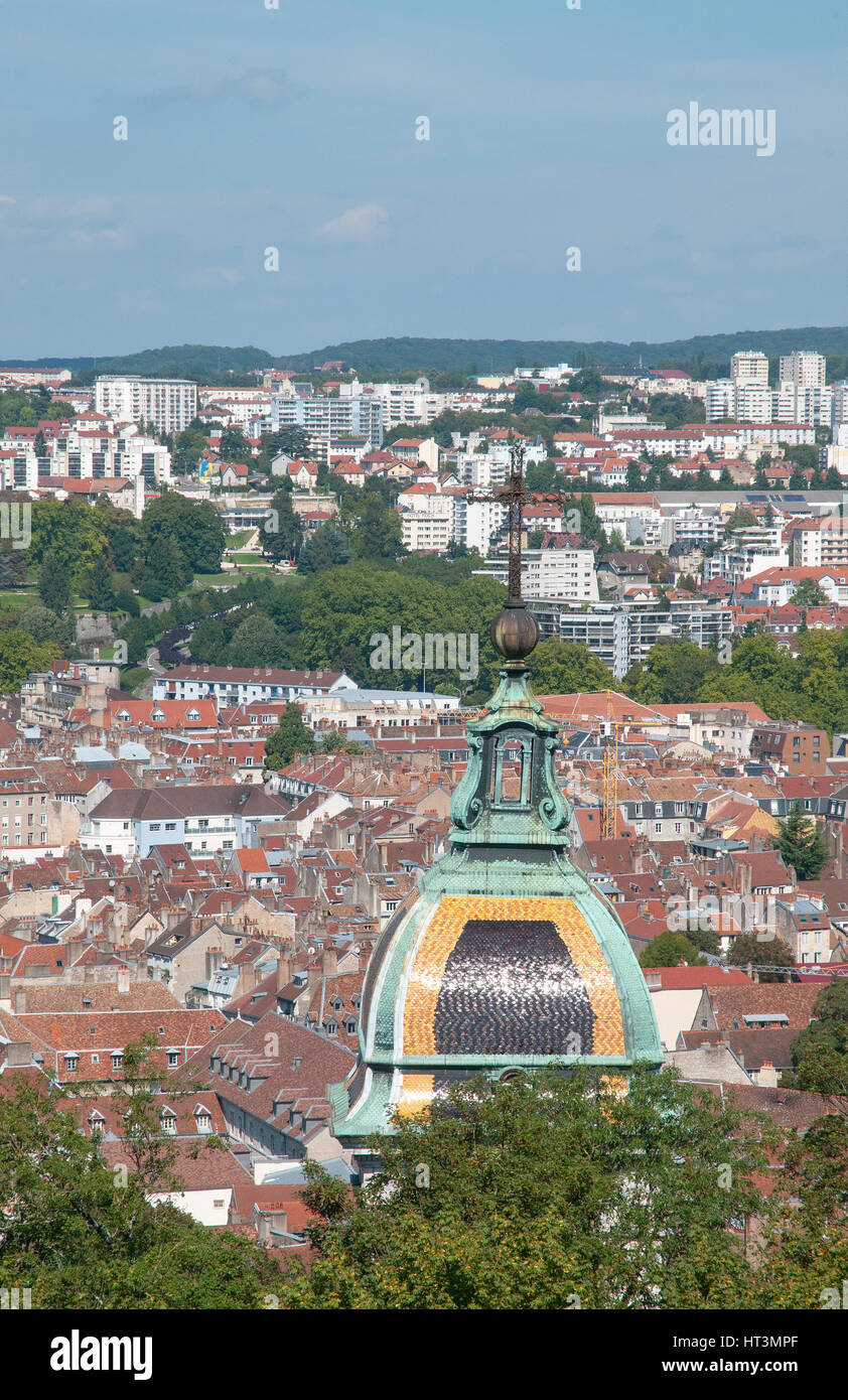 Besancon seen from viewpoint near the entrance to the Citadel with the dome of Cathedrale Saint Jean in foreground Besancon  France Stock Photo