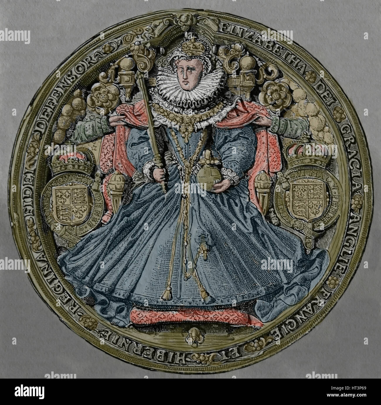 Elizabeth I (1533-1603). Queen of Englad and Ireland. Tudor dynasty. Engraving. Medallion. Stock Photo