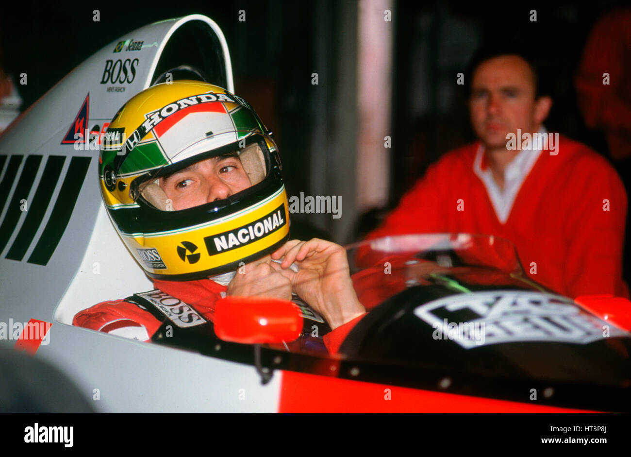 Ayrton Senna in the McLaren MP4-5 at 1989 British Grand Prix, Silverstone Artist: Unknown. Stock Photo
