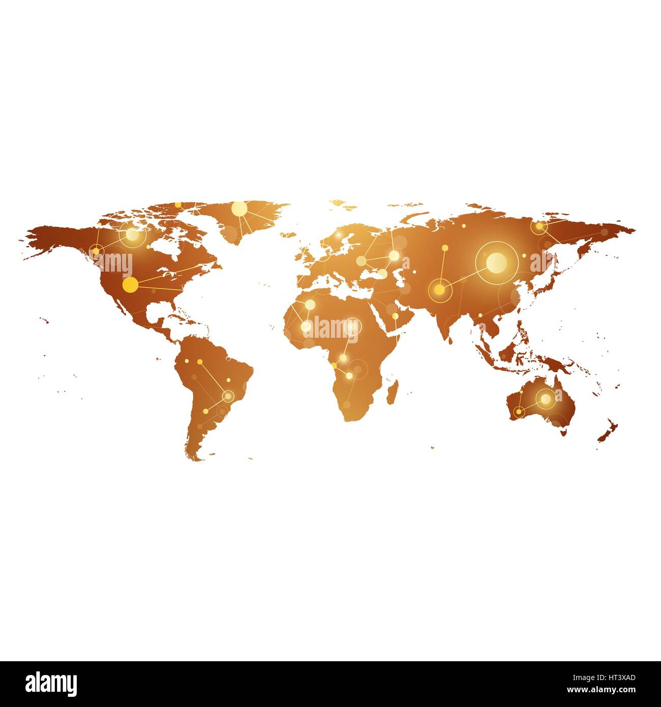 Golden Political World Map with global technology networking concept. Digital data visualization. Scientific cybernetic particle compounds. Big Data background communication. Vector illustration. Stock Vector