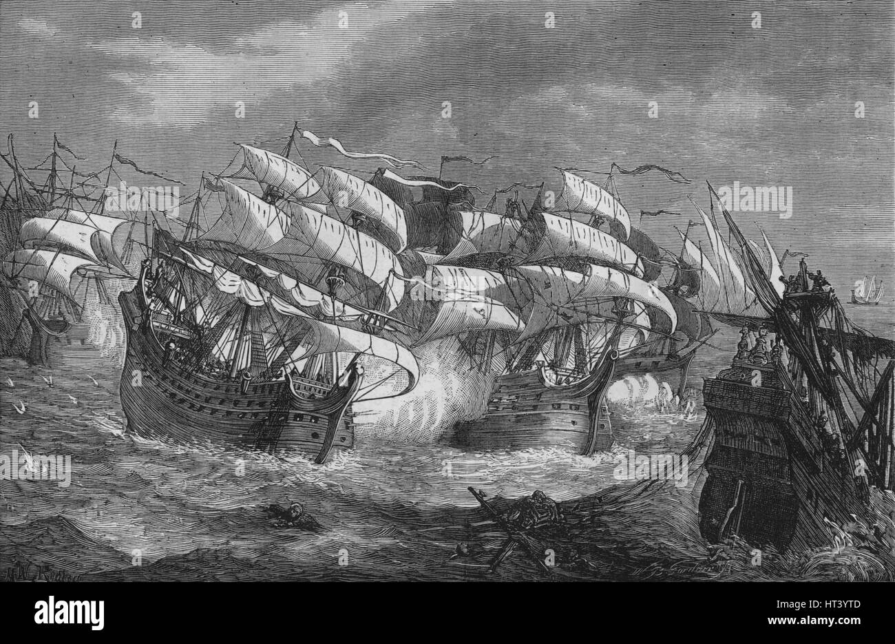 'Drake Attacking the Spanish Treasure Ship', c1578, (c1880). Artist: Unknown. Stock Photo
