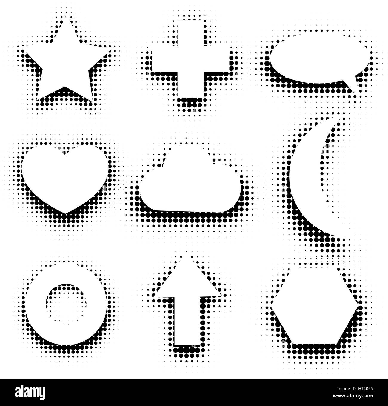 Isolated black and white color abstract dotted contour icons set, simple flat star, cross, speech bubble,heart,cloud,moon,circle,arrow,hexagon signs collection vector illustration Stock Vector