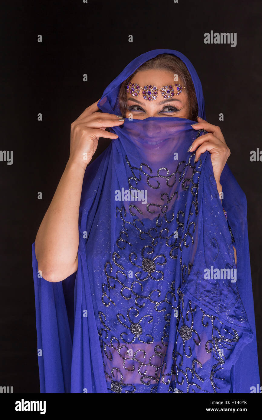 Woman fashion models in blue oriental dress Stock Photo