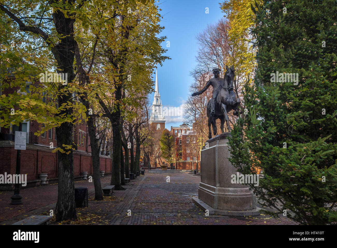 Paul Revere Statue and Old North Church - Boston, Massachusetts, USA Stock Photo