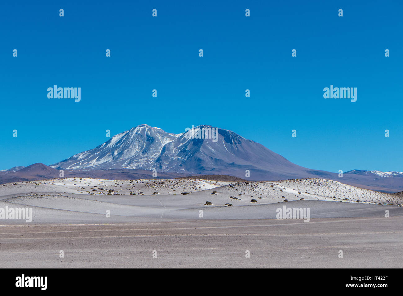 Andean landscape, Atacama desert north Chile. Volcanic ash in the foreground and snow on the peaks in the background Stock Photo