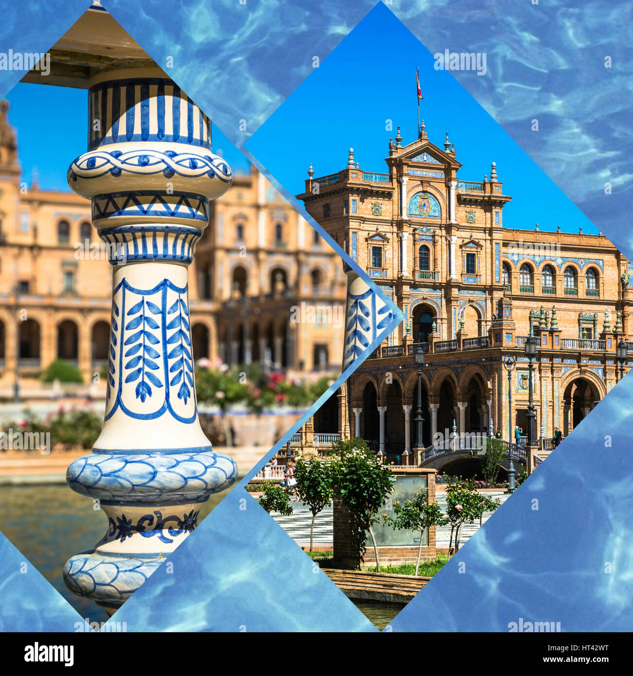 Collage of Plaza de Espana  Seville, Andalusia, Spain, Stock Photo