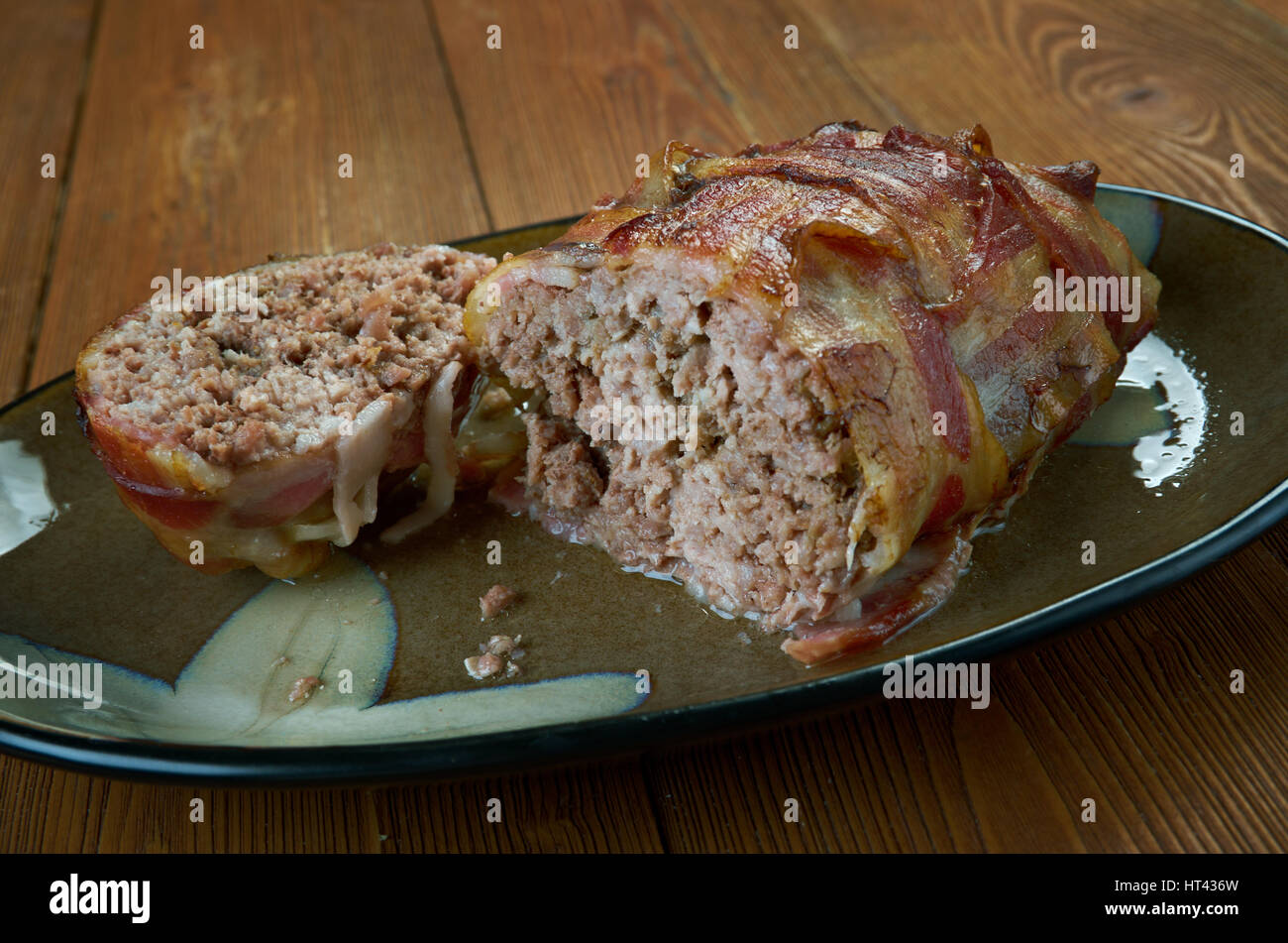 Bacon explosion pork dish that consists of bacon wrapped around a