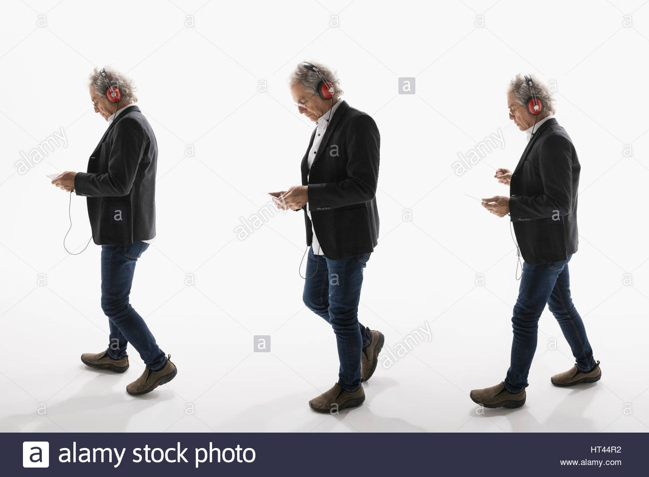 Sequence senior businessman listening to music with headphones and mp3