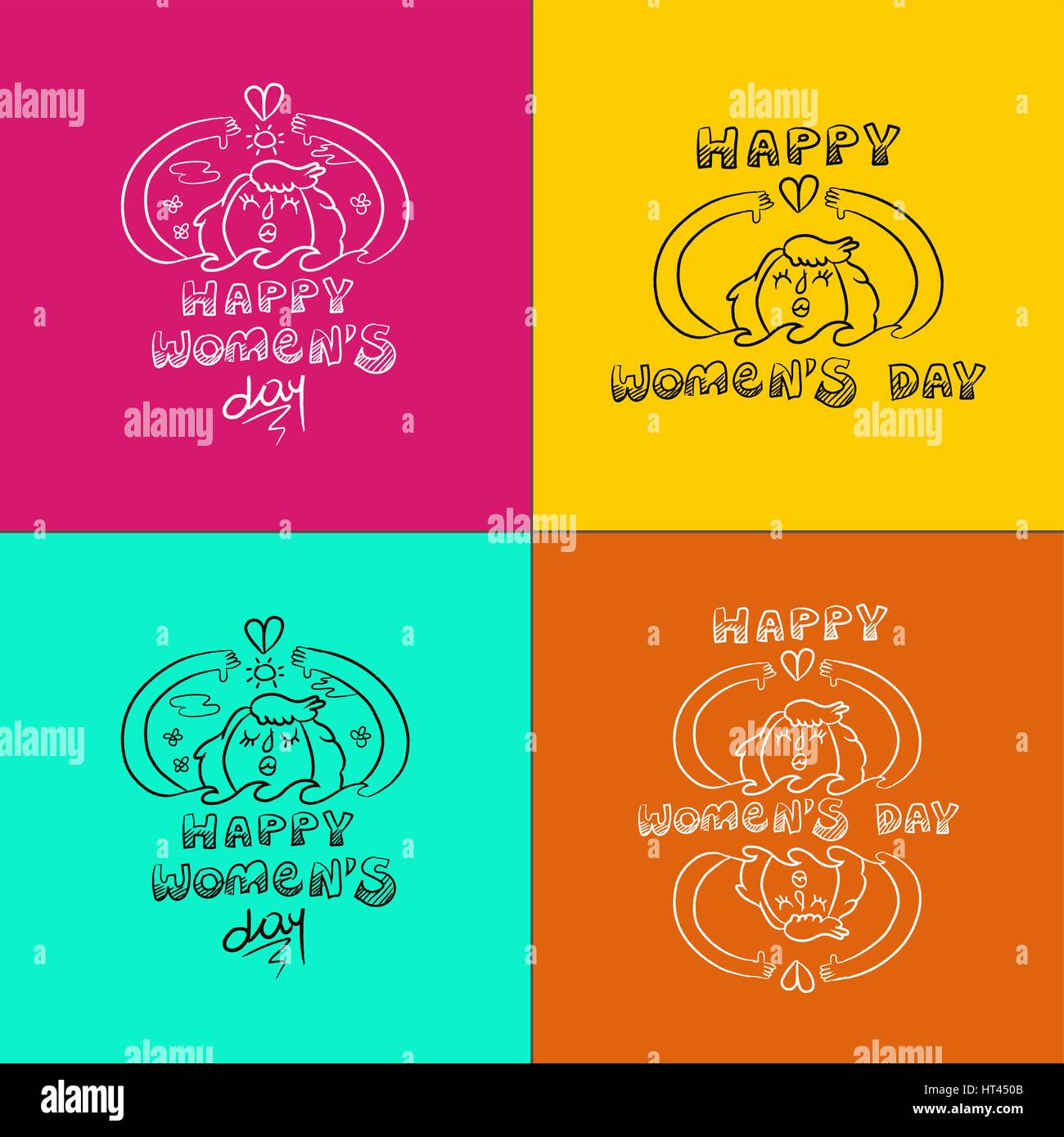 Happy international 8 march womens day celebration doodle set. Collection of concept illustration, girl protecting earth environment. EPS10 vector. Stock Vector