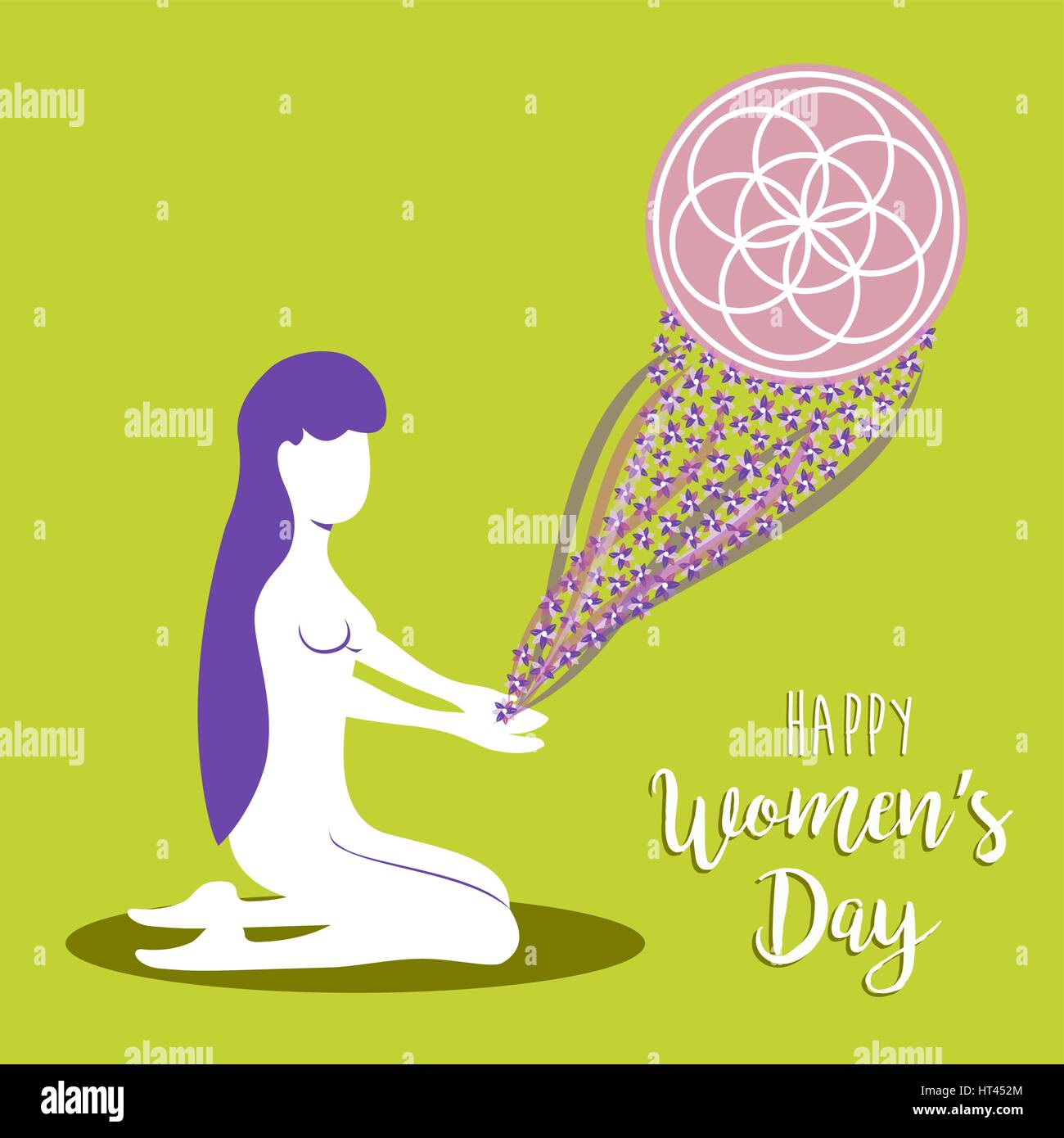 Happy international 8 march womens day illustration of woman in harmony and balance. Yoga meditation concept design. EPS10 vector. Stock Vector