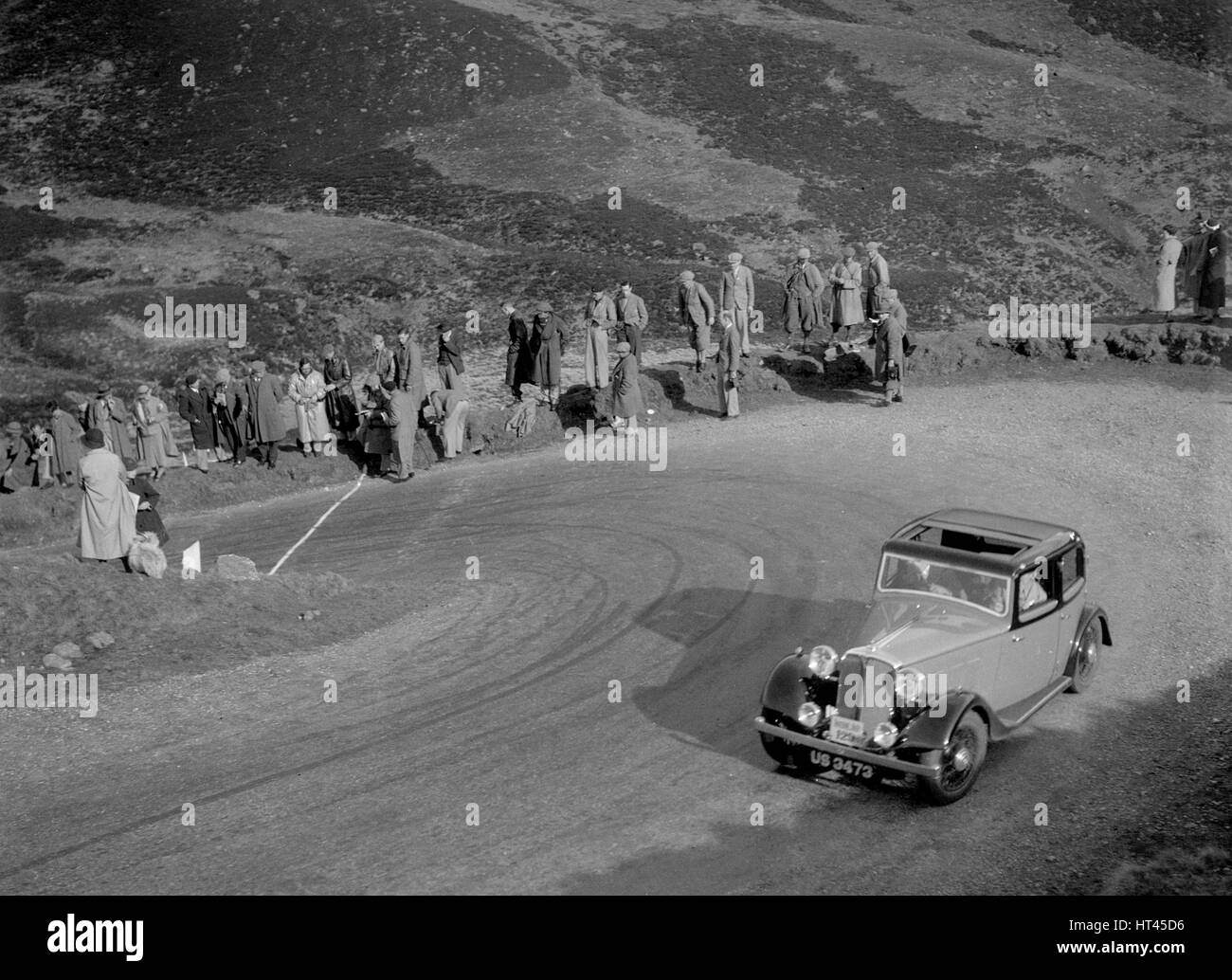 Rover 4-door saloon of WA Gilmour at the RSAC Scottish Rally, Devil's Elbow, Glenshee, 1934. Artist: Bill Brunell. Stock Photo