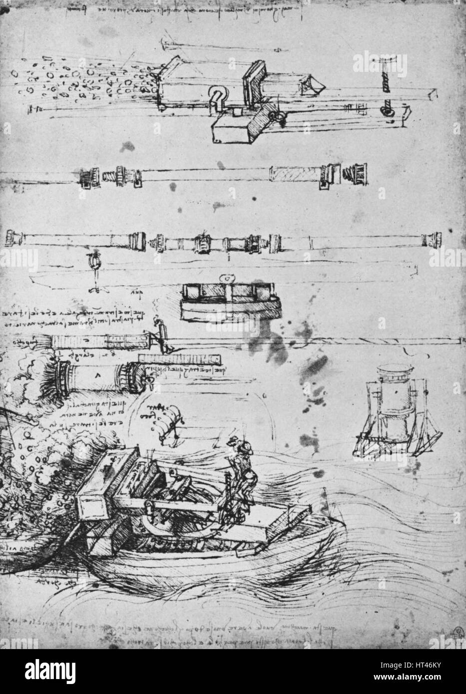 'Studies of Mortars, One Firing from a Boat, and of Canon', c1480 (1945). Artist: Leonardo da Vinci. Stock Photo