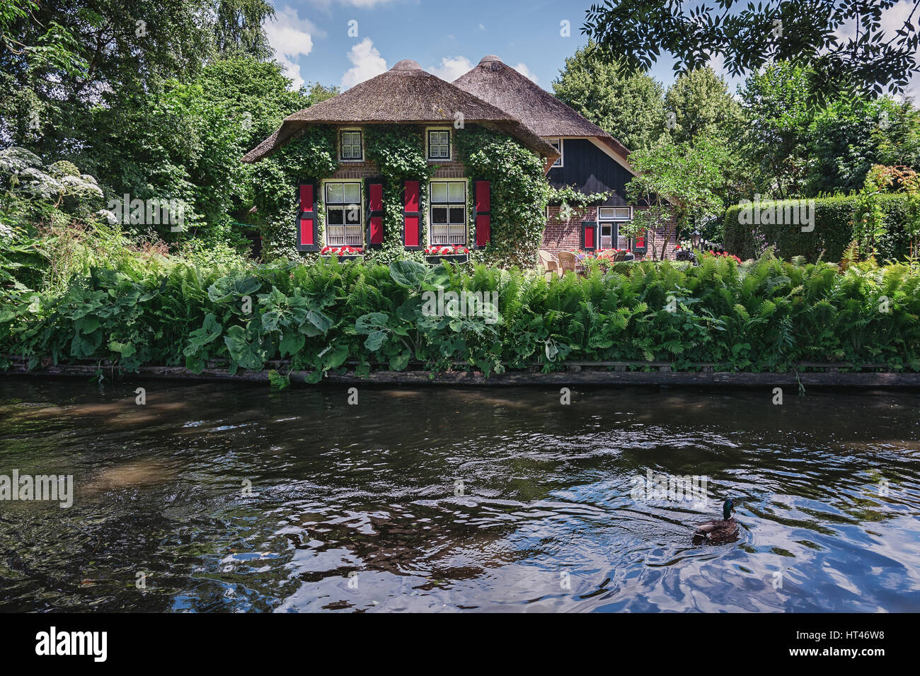 Giethoorn, Netherlands – June 29, 2016: View of a blooming garden in front of the house of the Dutch town Giethoorn. Stock Photo