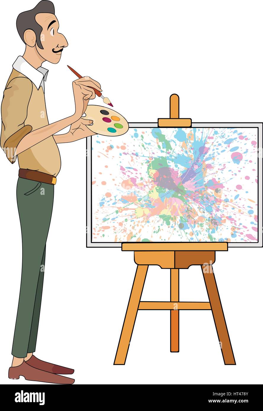 portrait of male painter artist and mustache smiling and painting with ...