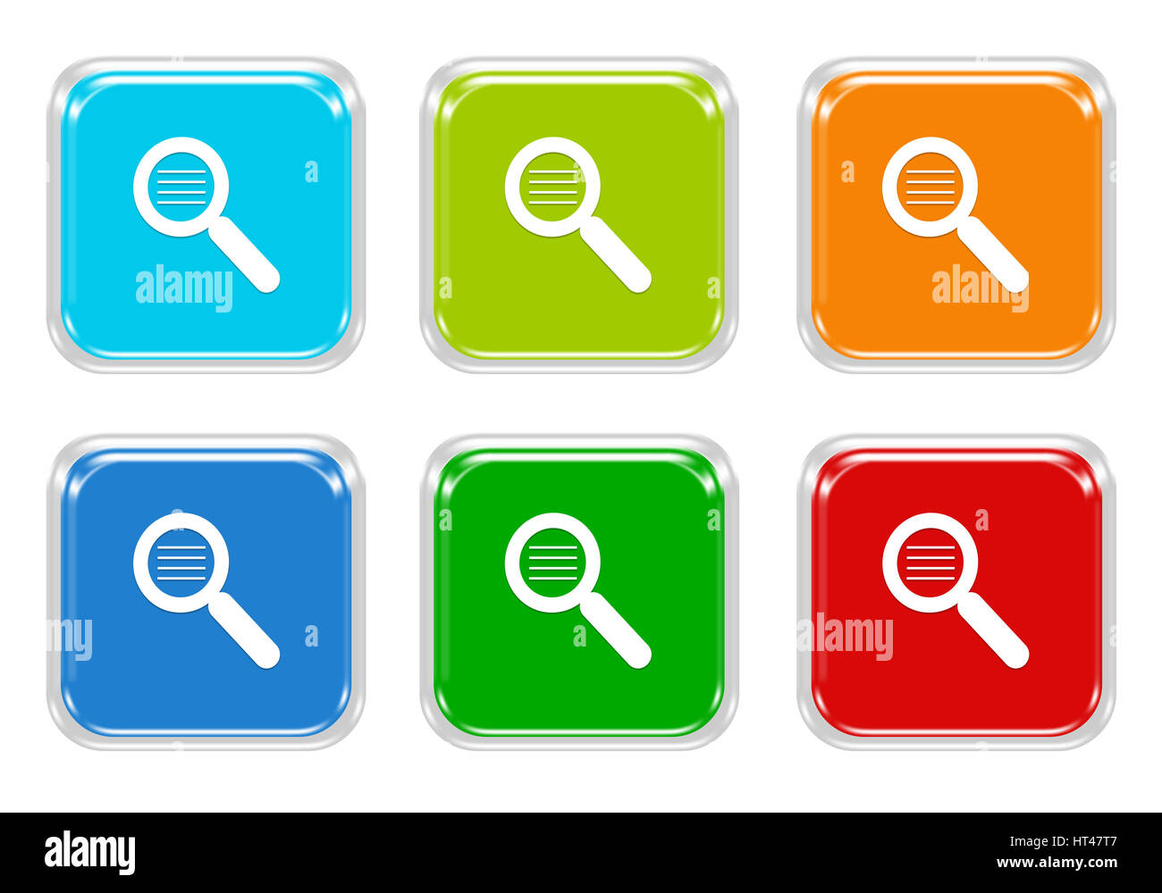 Set of squared colorful buttons with search symbol in blue, green, red ...