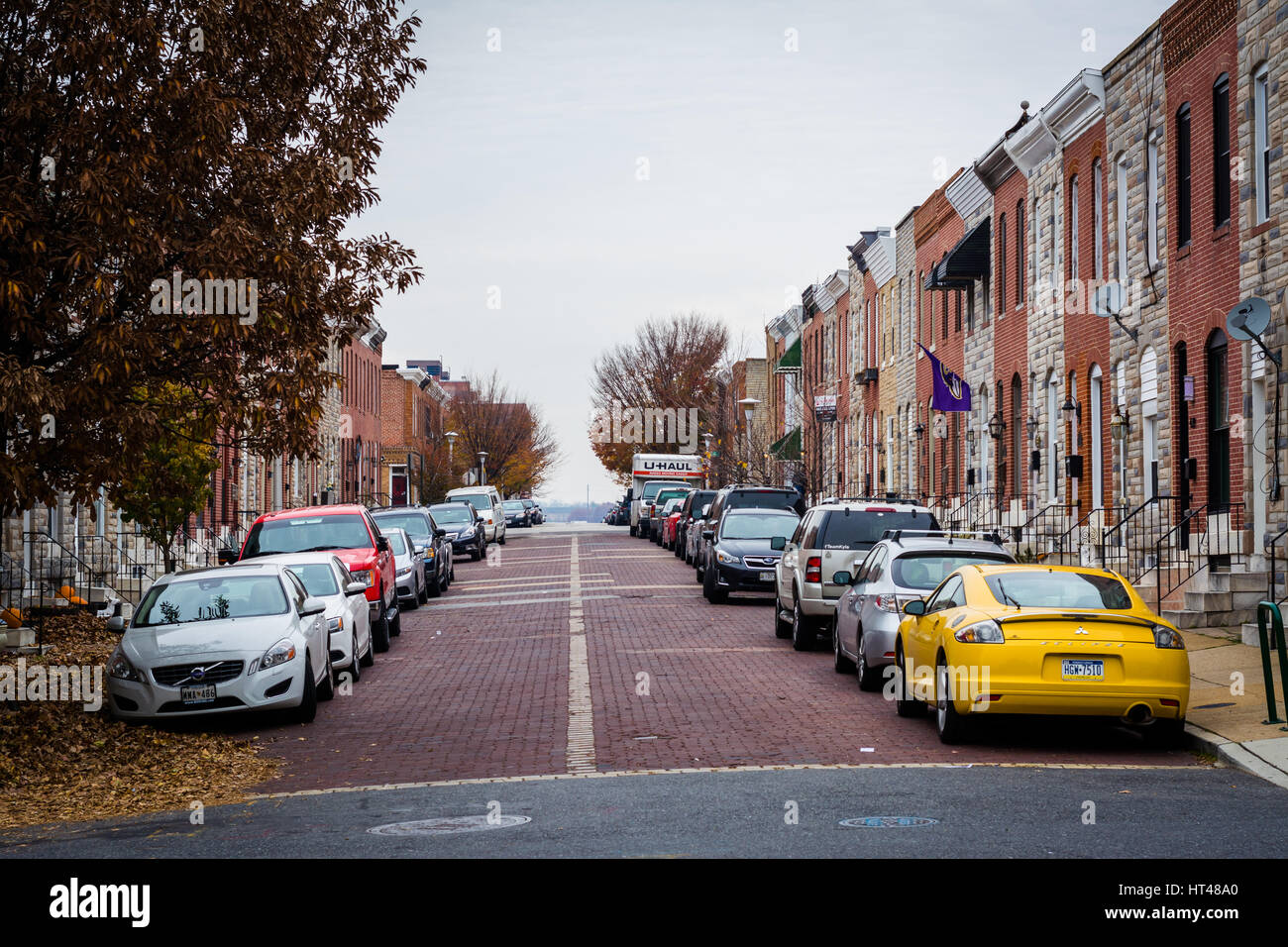 Brick street and row houses in Highlandtown, Baltimore, Maryland Stock