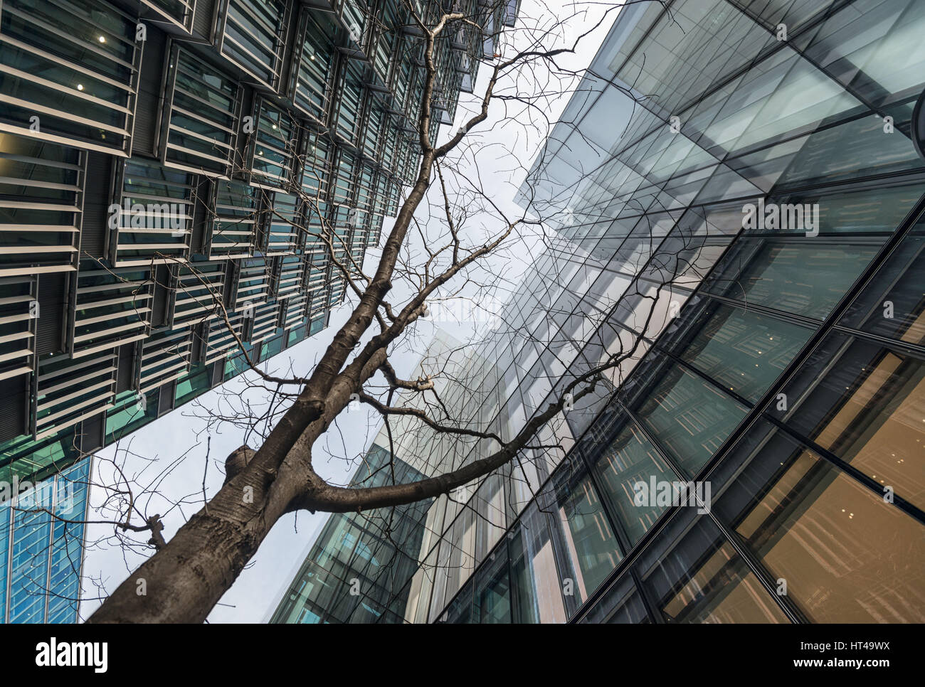 Low angle of tall corporate glass building. Southwark, London Stock Photo
