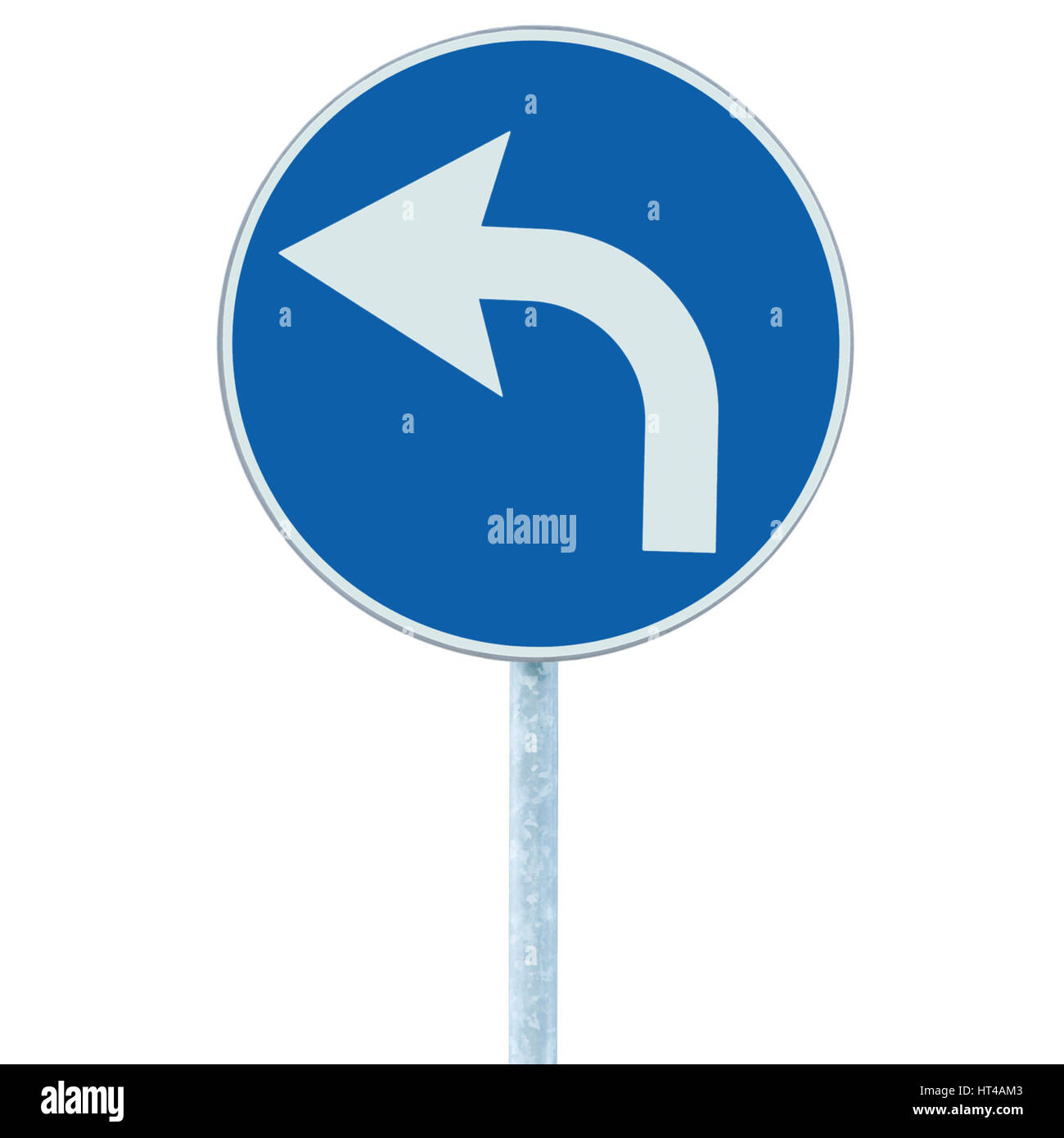 Turn left ahead road sign, blue round isolated roadside traffic signage