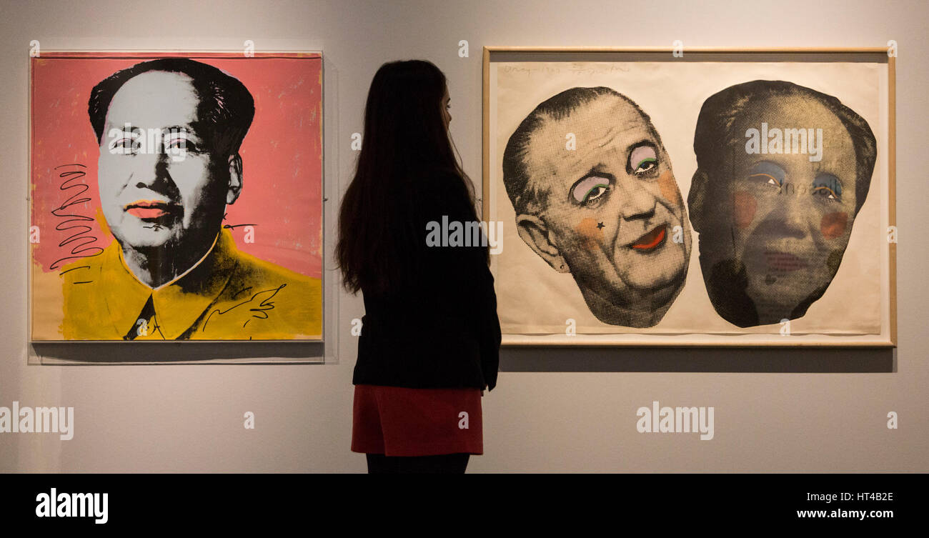 London, UK. 6 March 2017. Left: Mao, 1972, by Andy Warhol and right: Drag - Johnson and Mao, 1967, by Jim Dine. The exhibition 'The American Dream: pop to the present' opens at the British Museum on 9 March and runs until 18 June 2017. The American Dream is the UK's first major exhibition to chart modern and contemporary American printmaking and has more than 200 works by 70 artists on display. it is sponsored by Morgan Stanley and supported by the Terra Foundation for American Art. Stock Photo