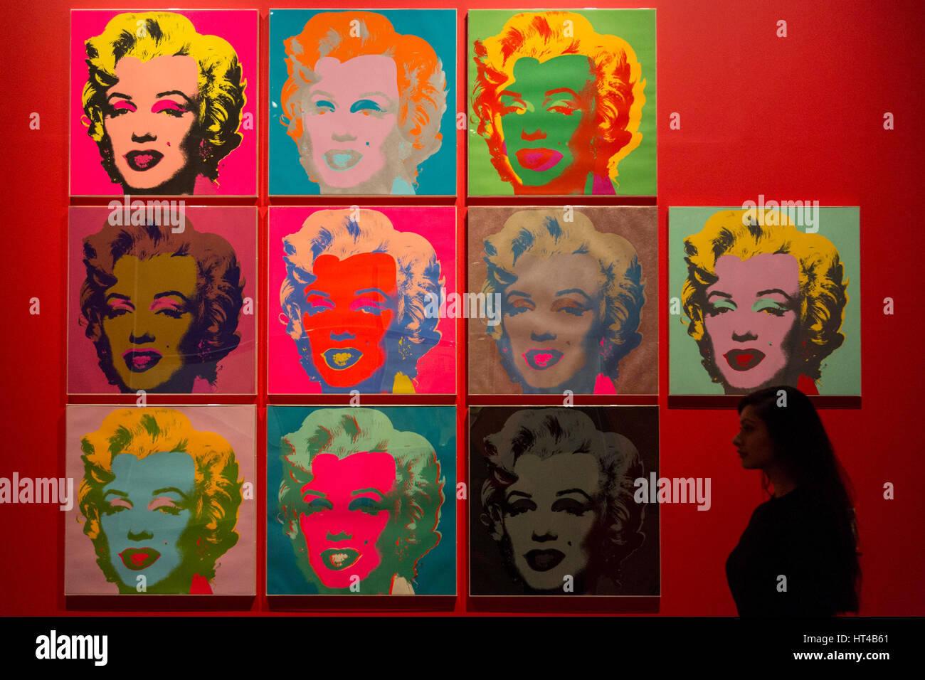 London, UK. 6 March 2017. Pictured: Marilyn, 1967, 10 colour screenprints by Andy Warhol. The exhibition 'The American Dream: pop to the present' opens at the British Museum on 9 March and runs until 18 June 2017. The American Dream is the UK's first major exhibition to chart modern and contemporary American printmaking and has more than 200 works by 70 artists on display. it is sponsored by Morgan Stanley and supported by the Terra Foundation for American Art. Stock Photo