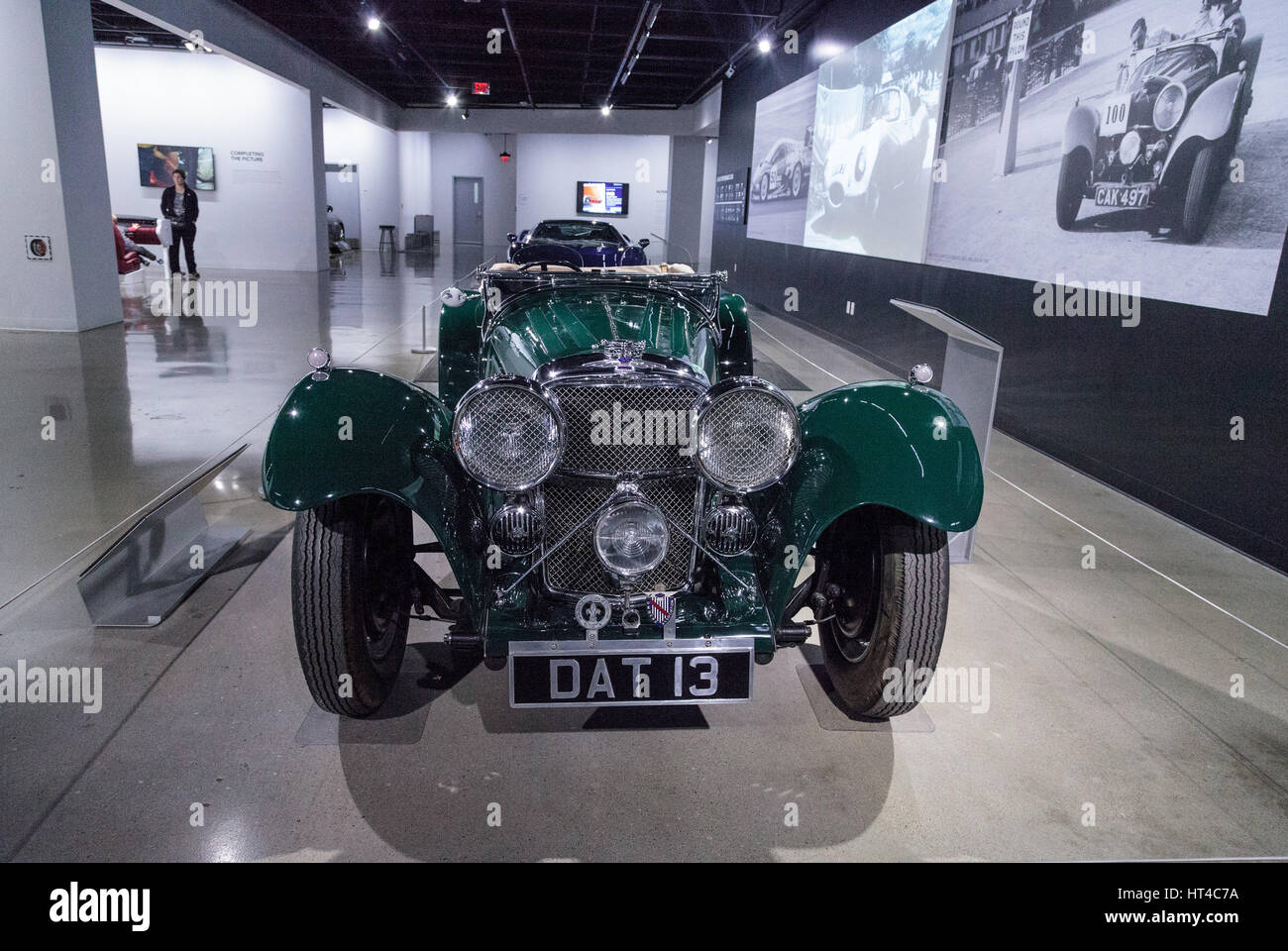 Los Angeles, CA, USA — March 4, 2017: Green 1937 SS 100 Jaguar at the Petersen Automotive Museum in Los Angeles, California, United States. Editorial  Stock Photo