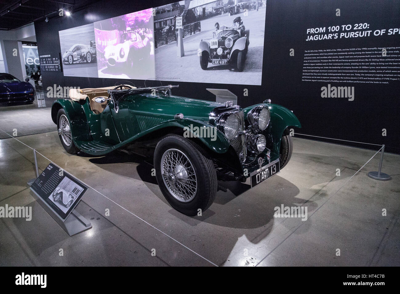 Los Angeles, CA, USA — March 4, 2017: Green 1937 SS 100 Jaguar at the Petersen Automotive Museum in Los Angeles, California, United States. Editorial  Stock Photo