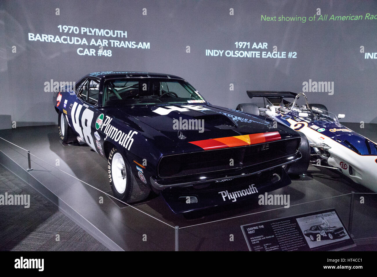 Los Angeles, CA, USA — March 4, 2017: Black 1970 Plymouth Barracuda AAR Trans-Am car number 48 at the Petersen Automotive Museum in Los Angeles, Calif Stock Photo