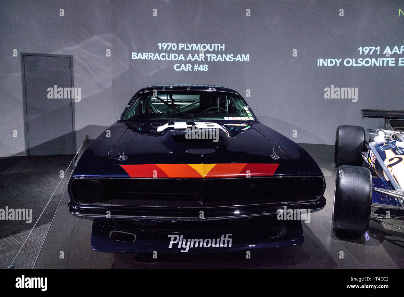Los Angeles, CA, USA — March 4, 2017: Black 1970 Plymouth Barracuda AAR Trans-Am car number 48 at the Petersen Automotive Museum in Los Angeles, Calif Stock Photo