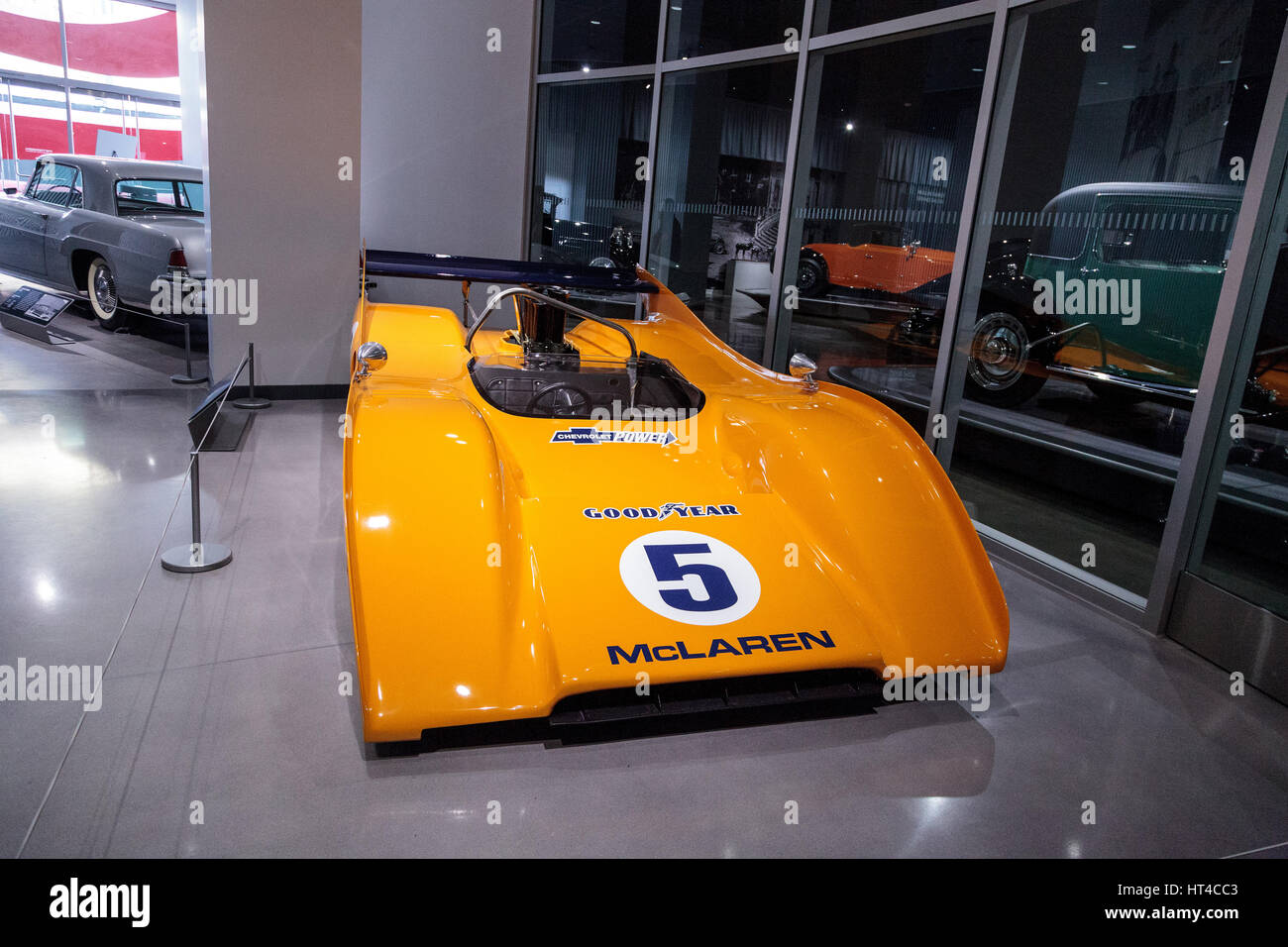 Los Angeles, CA, USA — March 4, 2017: Orange 1971 McLaren M8E race car at the Petersen Automotive Museum in Los Angeles, California, United States. Ed Stock Photo