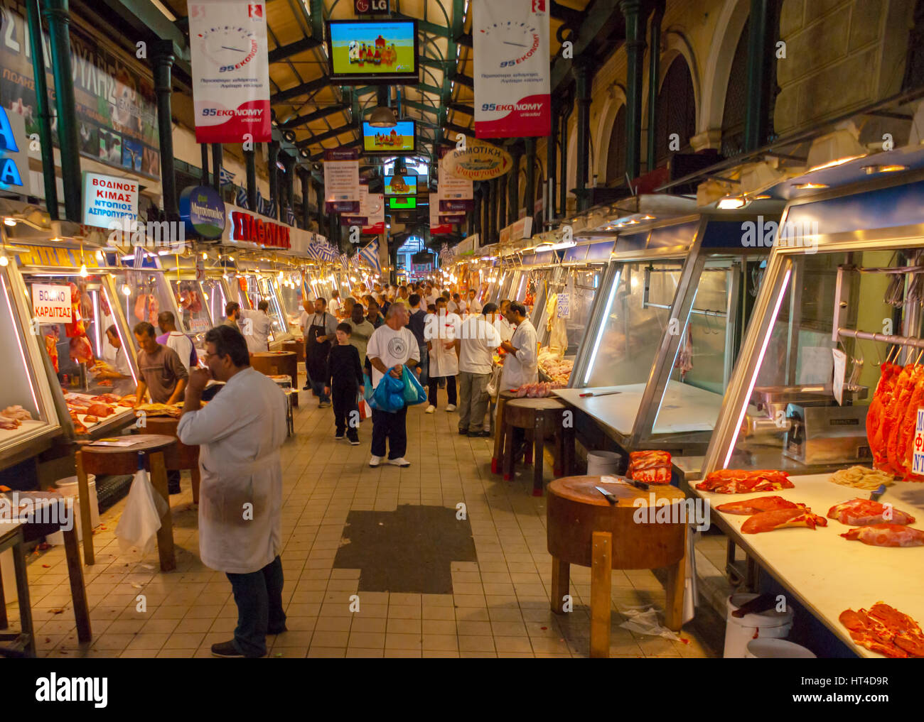 ATHENS, GREECE - OCTOBER 12, 2013: The  central market's butchery is a popular among locals and tourists, on October 12 in Athens Stock Photo