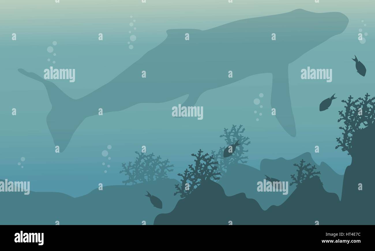 Silhouette landscape underwater whale and fish Stock Vector Image & Art ...