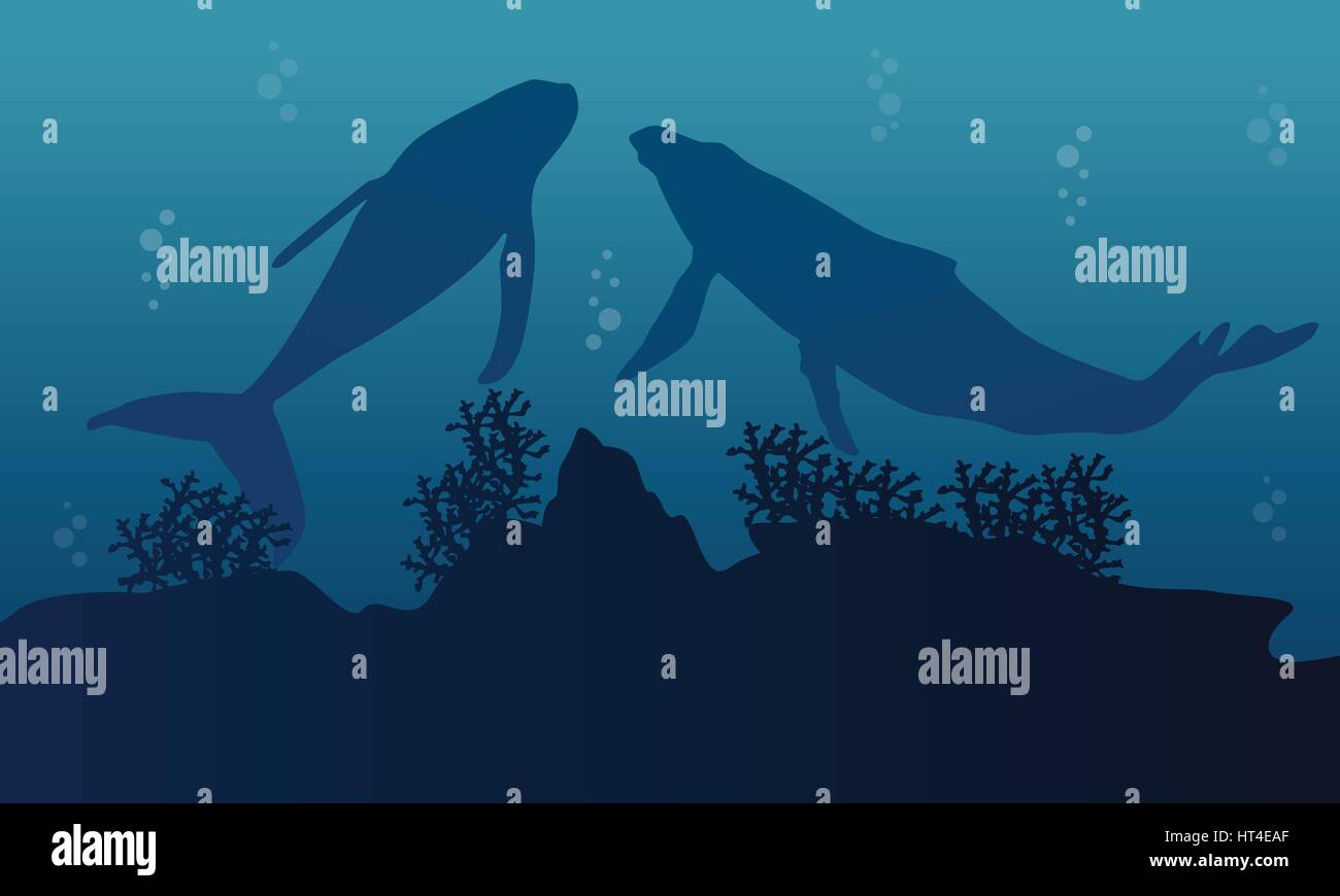 Silhouette of big whale and reef on ocean landscape Stock Vector Image ...