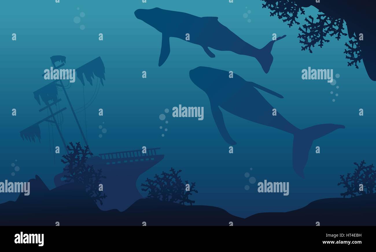 Whale and ship on underwater landscape silhouettes Stock Vector Image ...