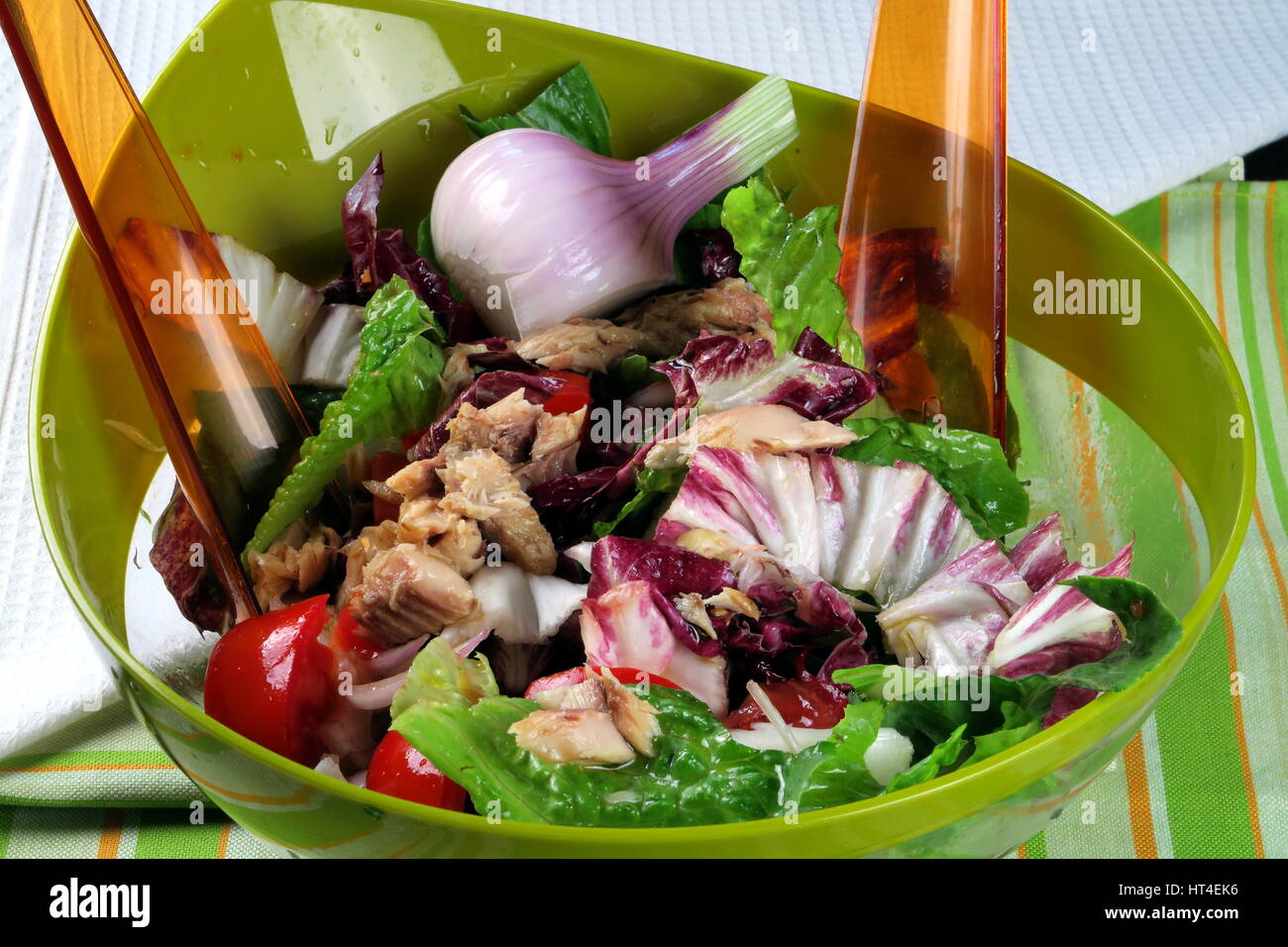Mixing salad Mixed lettuce, tomato, olive and mackerel summer salad