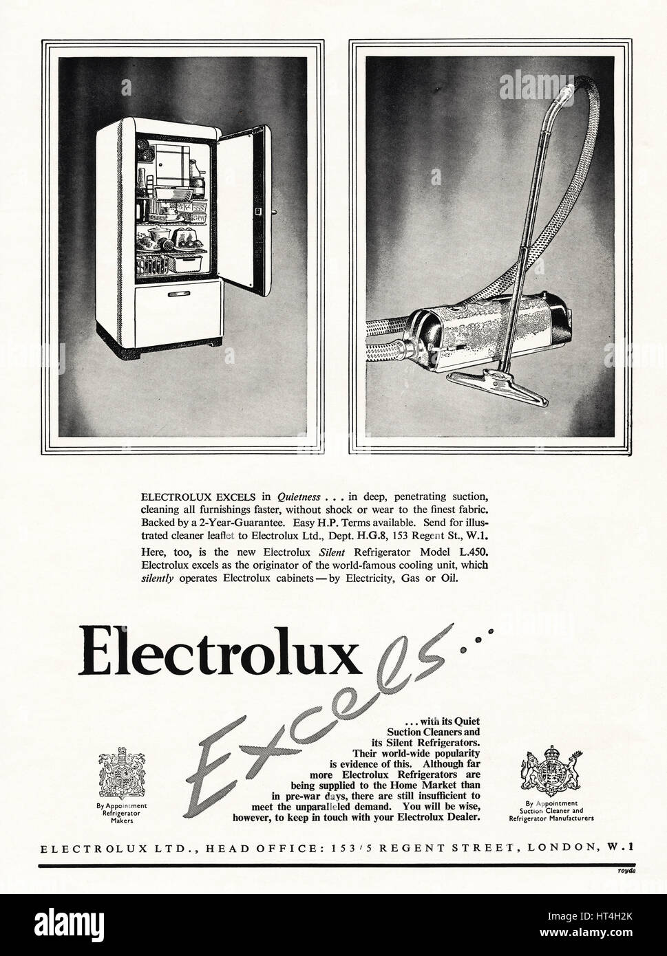 1950s advertising advert from original old vintage English magazine dated 1950 advertisement for Electrolux vacuum cleaner & refrigerator by Royal Appointment Stock Photo