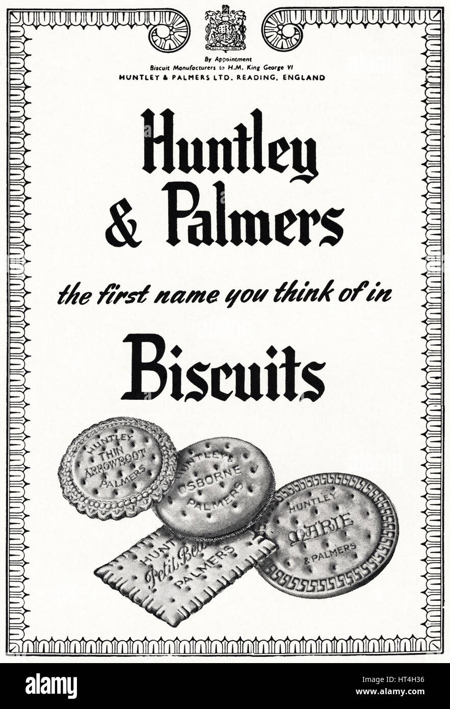 1950s advertising advert from original old vintage English magazine dated 1950 advertisement for Huntley & Palmers biscuits by Royal Appointment to King George VI Stock Photo