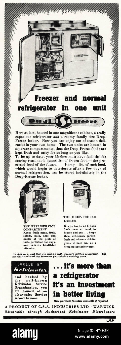1950s advertising advert from original old vintage English magazine dated 1950 advertisement for refrigerator & freezer by Kelvinator Stock Photo