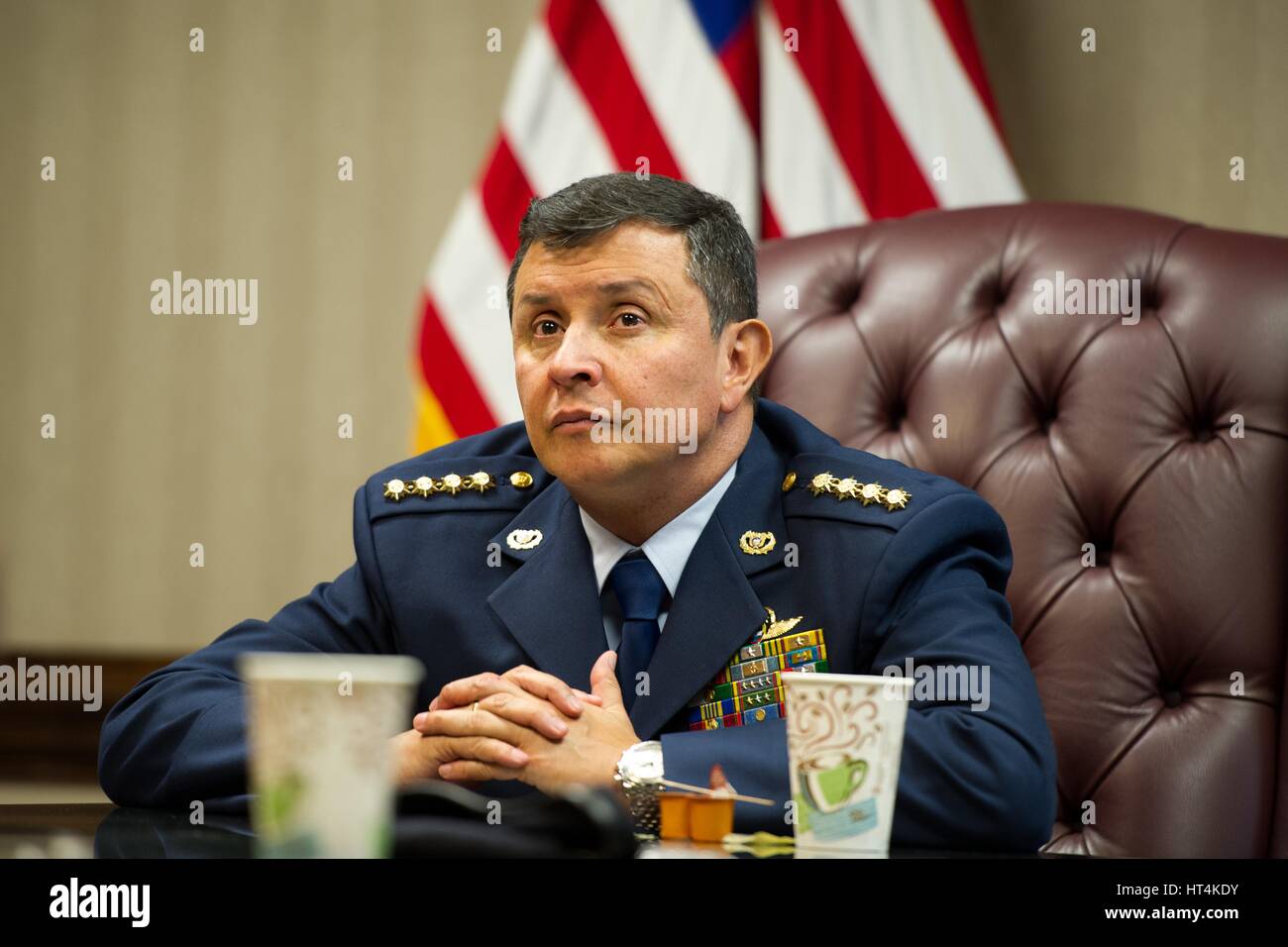 Colombian Air Force Commander Carlos Eduardo Bueno Vargas meets with the South Carolina National Guard at the McEntire Joint National Guard Base February 21, 2017 in Eastover, South Carolina. (photo by Jorge Intriago /US Air National Guard via Planetpix) Stock Photo