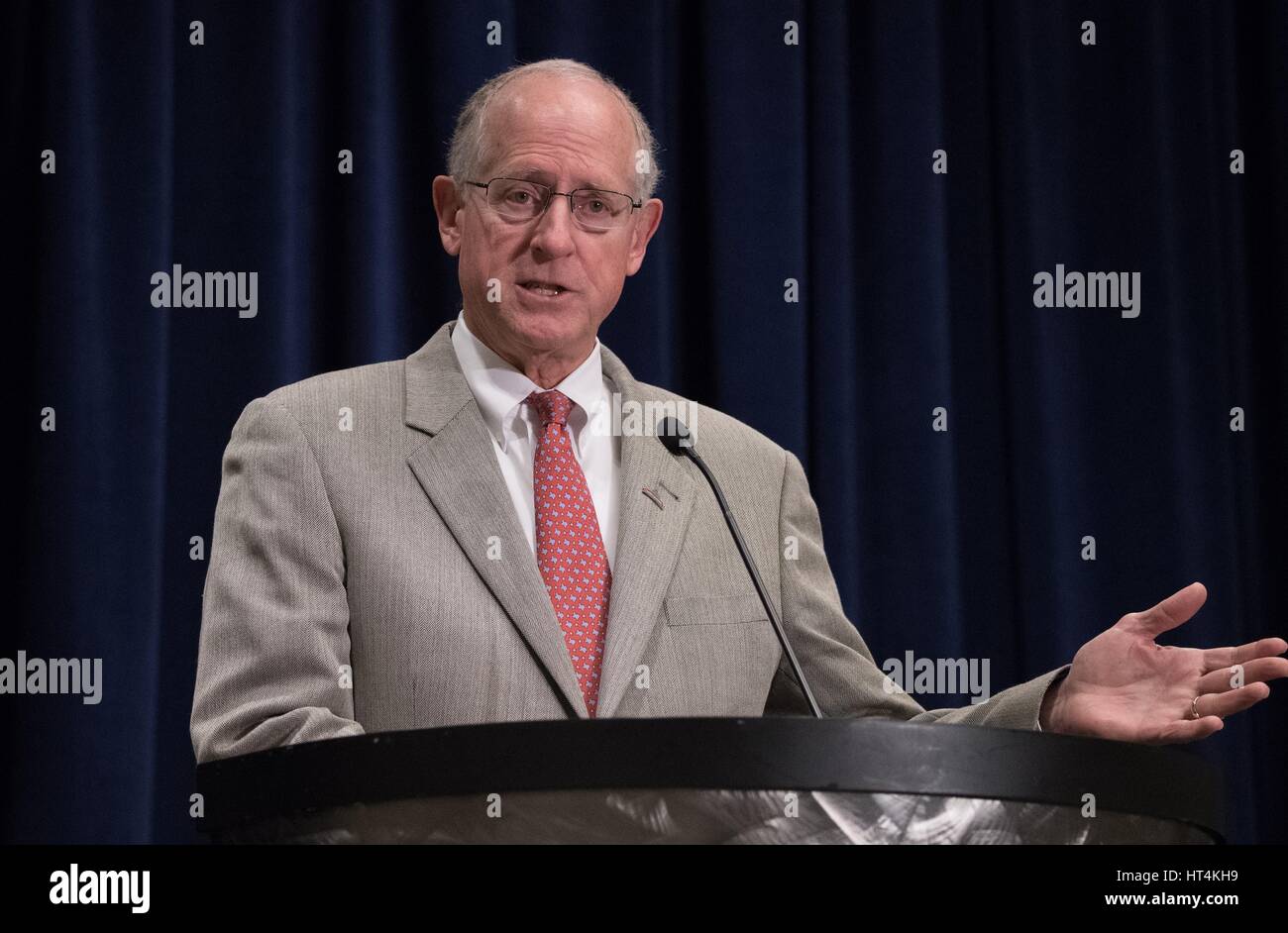 U.S. House Agriculture Committee Chairman and Texas Congressman Mike Conaway speaks during the U.S. Department of Agriculture 93rd Annual Agricultural Outlook Forum at the Crystal Gateway Marriott Hotel February 23, 2017 in Arlington, Virginia. Stock Photo