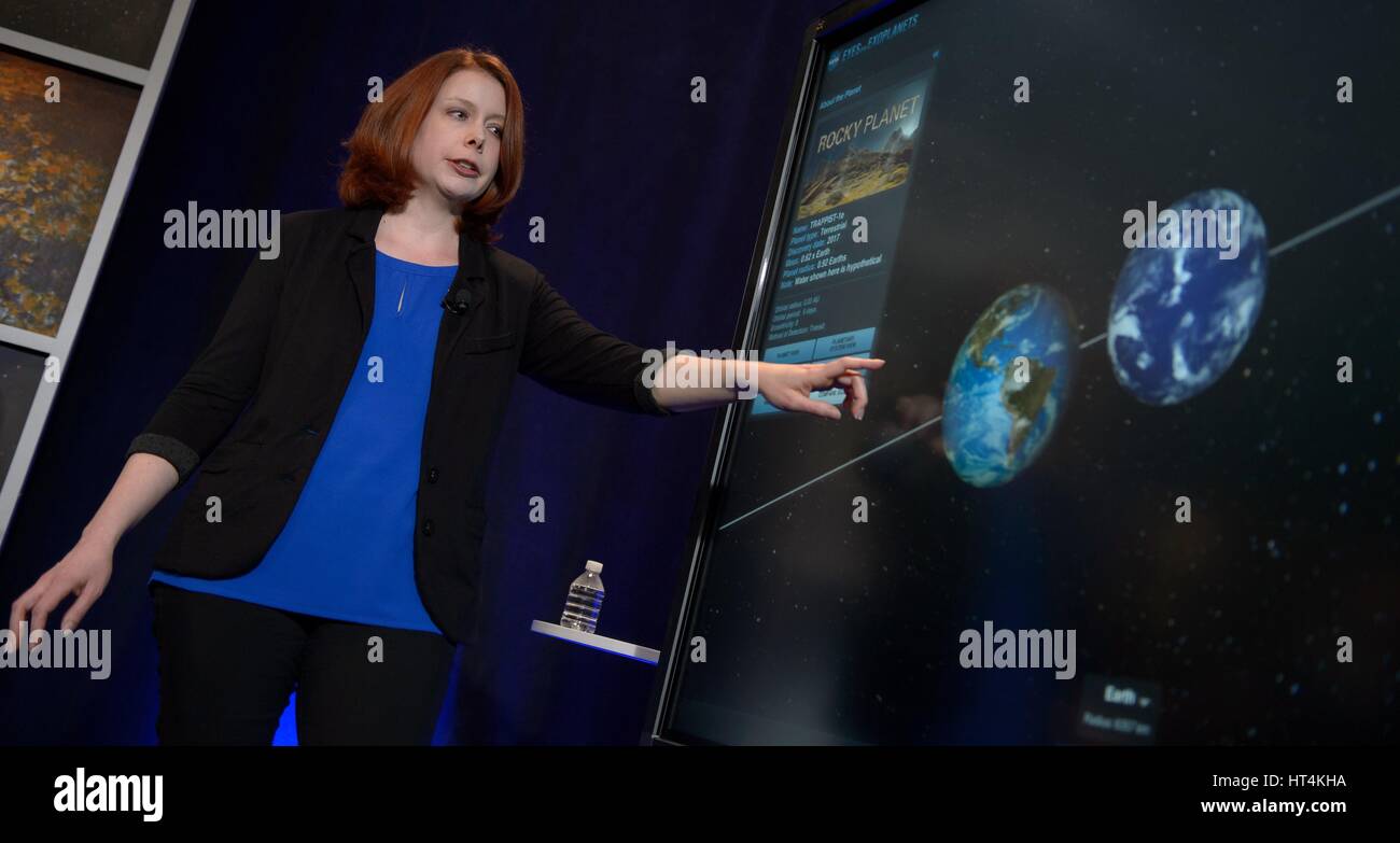 Space Telescope Science Institute Astronomer Nikole Lewis presents research findings during a TRAPPIST-1 planets briefing at the NASA Headquarters February 22, 2017 in Washington, DC. Researchers revealed the first known system of seven Earth-size planets around a single star called TRAPPIST-1. Stock Photo