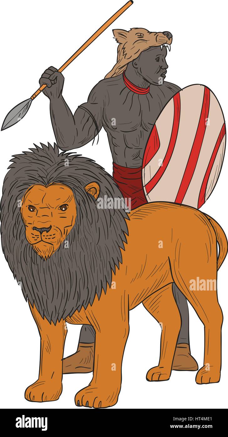 Drawing sketch style illustration of an african warrior holding spear and shield looking to the side hunting with lion facing front set on isolated wh Stock Vector