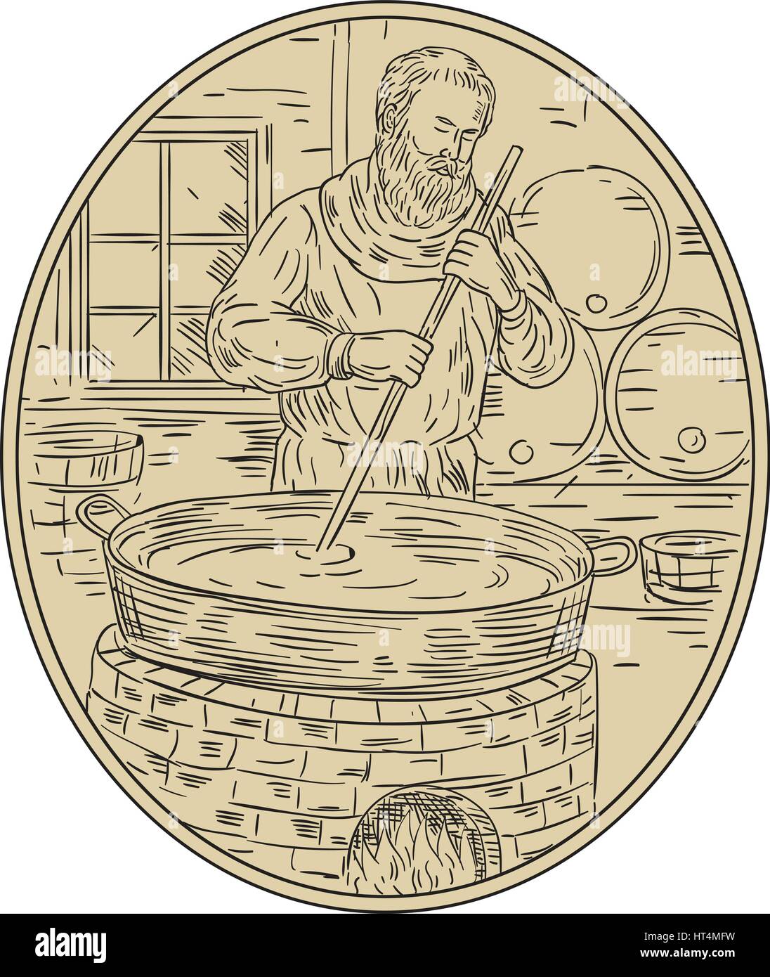 Drawing sketch style illustration of a medieval monk brewer brewing beer in brewery with barrel in background viewed from front set inside oval shape. Stock Vector