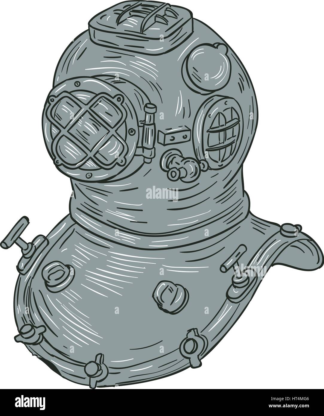 Drawing sketch style illustration of a copper and brass old school deep sea dive diving helmet or Standard diving helmet (Copper hat), worn mainly by  Stock Vector