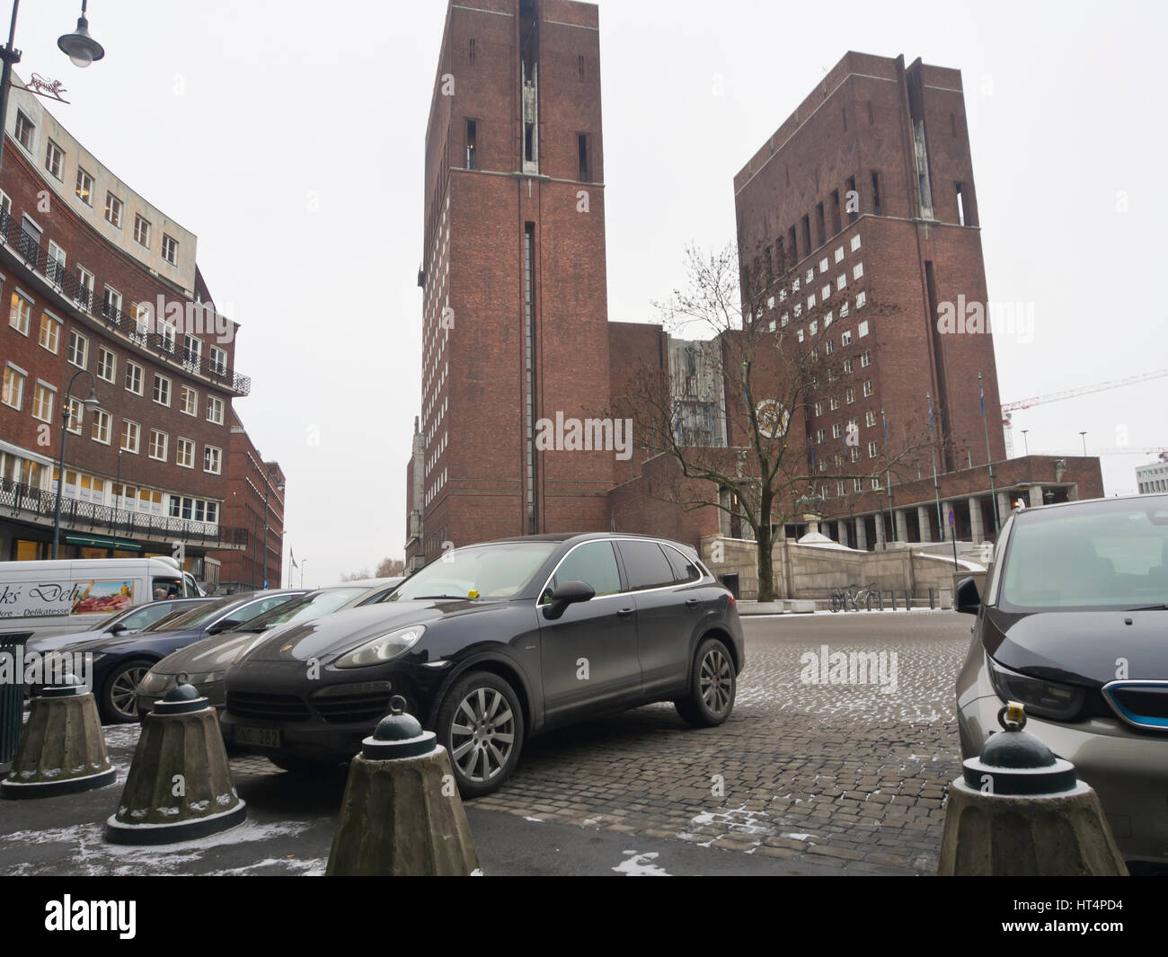 Fridtjof Nansens plass square by the Oslo city hall has public parking space now threatened by the local councils car free environmental policy Stock Photo